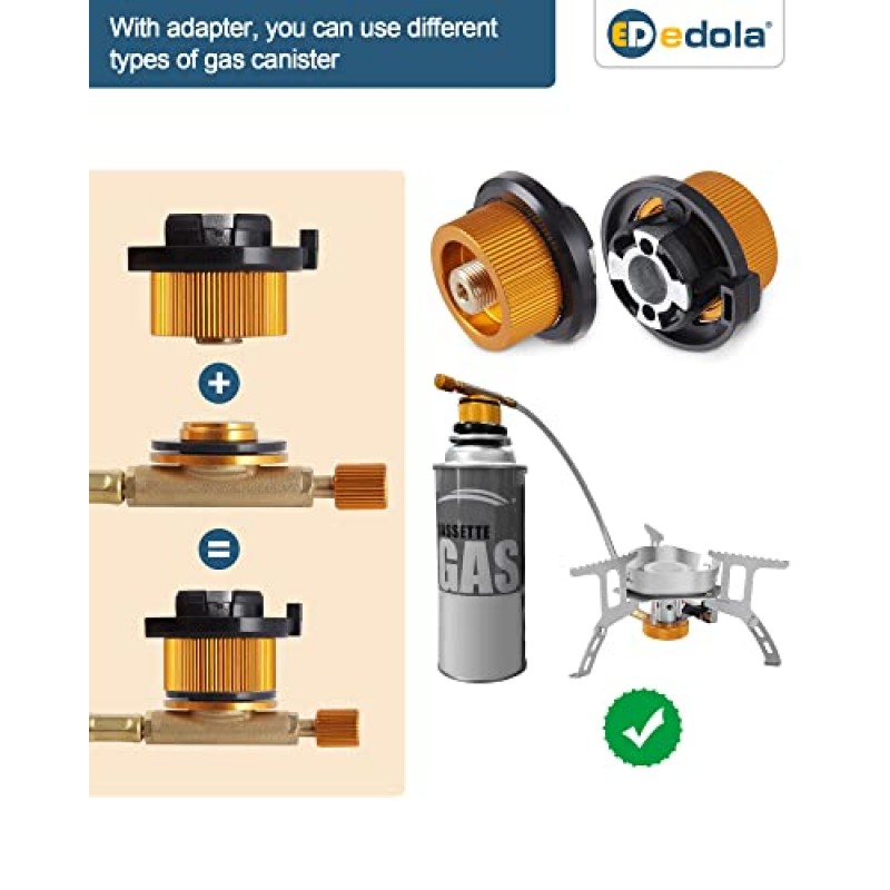 edola 휴대용 캠핑 스토브 배낭형 스토브, 피에조 점화 안정적인 지원, 자동 전자 점화, 캠핑 스토브 어댑터, 3개의 톱니 모양 냄비 지지대, 접이식 칼 포크