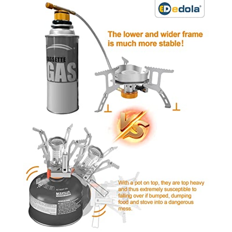 edola 휴대용 캠핑 스토브 배낭형 스토브, 피에조 점화 안정적인 지원, 자동 전자 점화, 캠핑 스토브 어댑터, 3개의 톱니 모양 냄비 지지대, 접이식 칼 포크