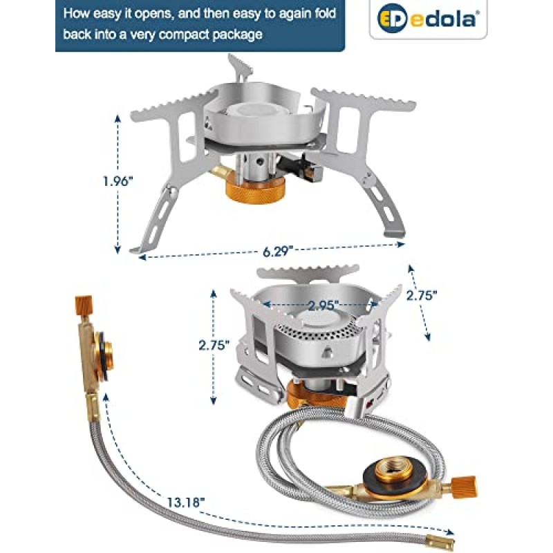 edola 휴대용 캠핑 스토브 배낭형 스토브, 피에조 점화 안정적인 지원, 자동 전자 점화, 캠핑 스토브 어댑터, 3개의 톱니 모양 냄비 지지대, 접이식 칼 포크