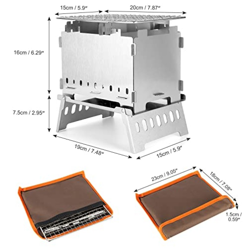 Odoland 휴대용 접이식 캠프파이어 그릴 화덕 캠핑 그릴, 스테인레스 스틸 숯불 바베큐 그릴, 야외 요리 하이킹 배낭 피크닉 바베큐 여행을 위한 경량 목재 스토브 버너