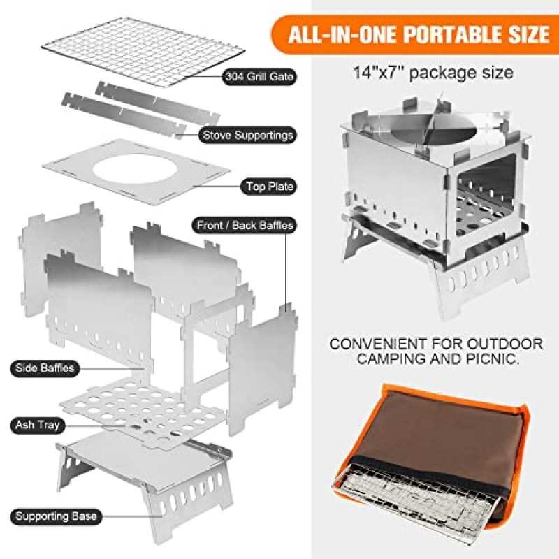 Odoland 휴대용 접이식 캠프파이어 그릴 화덕 캠핑 그릴, 스테인레스 스틸 숯불 바베큐 그릴, 야외 요리 하이킹 배낭 피크닉 바베큐 여행을 위한 경량 목재 스토브 버너