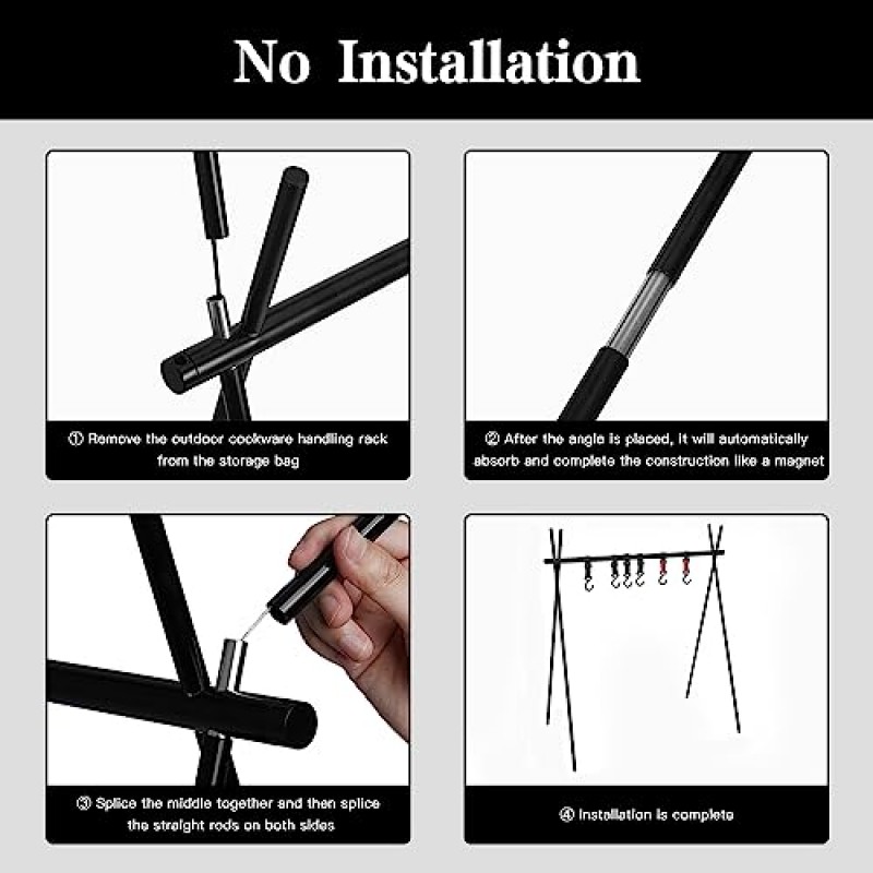 bimiti 야외 조리기구 행잉 랙 알루미늄 합금 접이식 휴대용 캠프장 스토리지 랙 캠핑 삼각형 행잉 랙 바베큐 그릴 캠프파이어 캠핑 스탠드 가벼운 도구용 후크 6개 조리기구 행잉