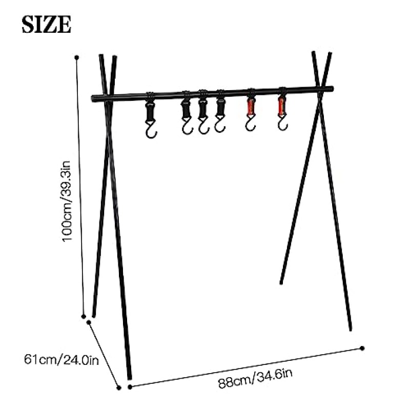 bimiti 야외 조리기구 행잉 랙 알루미늄 합금 접이식 휴대용 캠프장 스토리지 랙 캠핑 삼각형 행잉 랙 바베큐 그릴 캠프파이어 캠핑 스탠드 가벼운 도구용 후크 6개 조리기구 행잉