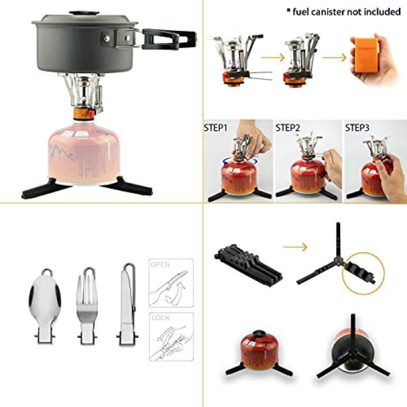 1인용 ZACMIA 캠핑 메스 키트 배낭 야외 캠핑, 하이킹 및 피크닉을 위한 배낭 스토브가 포함된 휴대용 요리 냄비 및 팬 세트