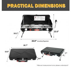 조정 가능한 고출력 방풍 버너 2개와 접이식 다리 2개가 있는 FEASTO 프로판 캠핑 스토브, 야외 캠핑, 피크닉에 편리함, L22.8'x W14.1'x H13.6'(블랙)