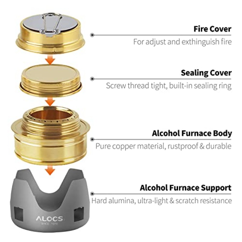 ALOCS 미니 알코올 스토브, 알루미늄 스탠드가 있는 초경량 황동 스피릿 버너, 배낭 캠핑 하이킹 피크닉용 휴대용 알코올 버너 스토브, 보관 가방 포함