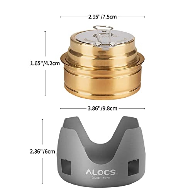 ALOCS 미니 알코올 스토브, 알루미늄 스탠드가 있는 초경량 황동 스피릿 버너, 배낭 캠핑 하이킹 피크닉용 휴대용 알코올 버너 스토브, 보관 가방 포함