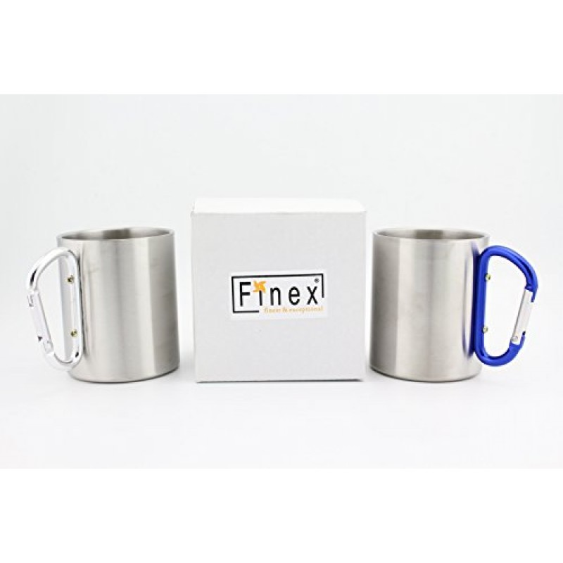 Finex 2pcs 세트 11oz 300ml 야외 스포츠 캠핑 하이킹 등산 홈 오피스 성인 및 어린이를위한 핸들로 D 링 카라비너 ​​후크가있는 대형 스테인레스 스틸 휴대용 여행 물 차 커피 잔 - 대형