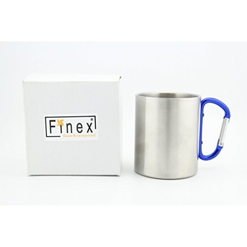 Finex 2pcs 세트 11oz 300ml 야외 스포츠 캠핑 하이킹 등산 홈 오피스 성인 및 어린이를위한 핸들로 D 링 카라비너 ​​후크가있는 대형 스테인레스 스틸 휴대용 여행 물 차 커피 잔 - 대형