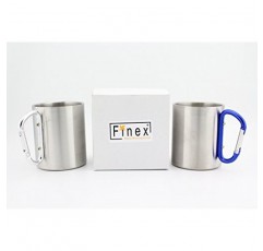 Finex 2pcs 세트 11oz 300ml 야외 스포츠 캠핑 하이킹 등산 홈 오피스 성인 및 어린이를위한 핸들로 D 링 카라비너 ​​후크가있는 대형 스테인레스 스틸 휴대용 여행 물 차 커피 잔 - 대형