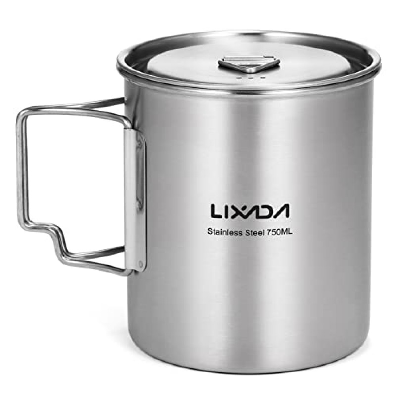 Lixada 캠핑 컵 냄비, 야외 캠핑 하이킹 배낭 여행을위한 접이식 손잡이와 뚜껑이있는 750ml 스테인레스 스틸 워터 컵 머그잔