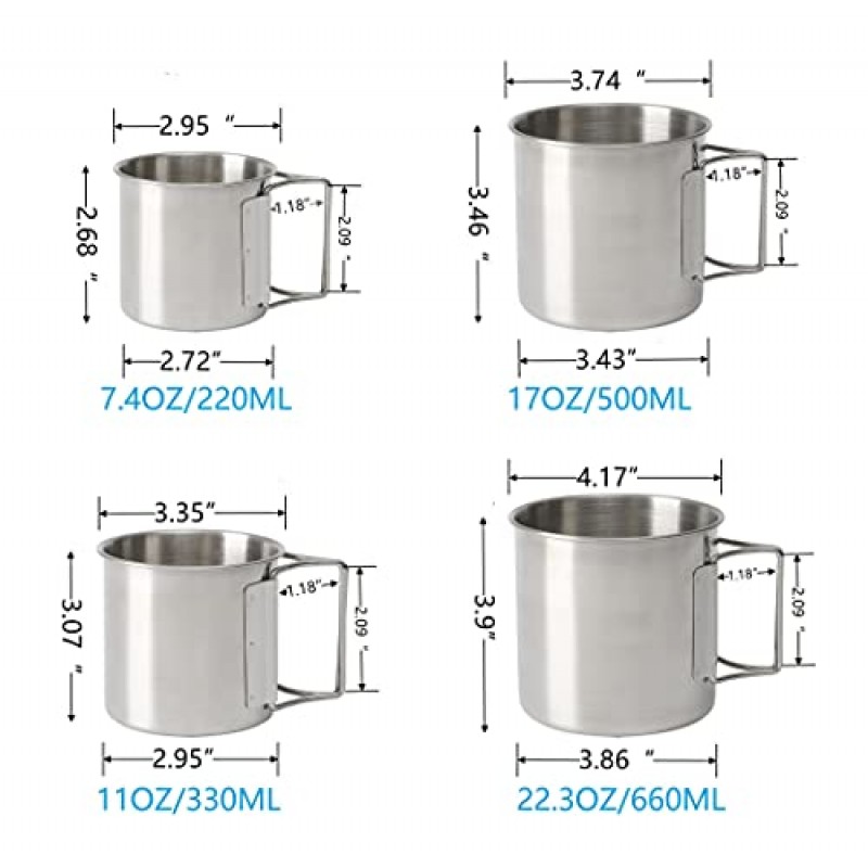 Wulisan 쌓을 수 있는 캠핑 머그 스테인레스 스틸 휴대용 컵, 여행용 접이식 손잡이 및 메쉬 백 포함 야외 캠핑 캠프파이어 하이킹 피크닉 4피스 세트 7.44oz, 11.16oz, 16.9oz, 22.3oz