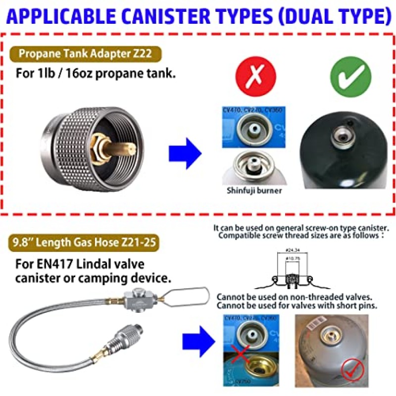 CAMPINGMOON 프로판-부탄 캠핑 스토브 어댑터(호스 밸브 포함) 16oz/1Lb 소형 프로판 탱크를 EN417 린달 밸브 Z22/Z21로 변환