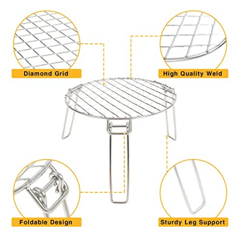 Lineslife 접이식 원형 화덕 조리용 화격자, 휴대용 스테인레스 스틸 캠핑 무연 화덕용 개방형 화덕 화격자, 야외 요리 바베큐 피크닉용, 실버 11.8