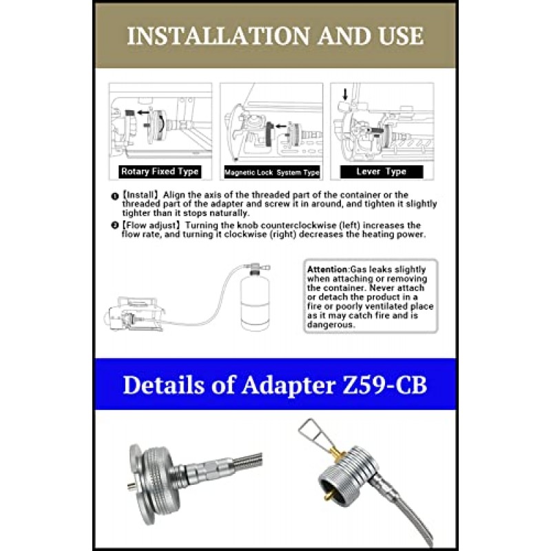 CAMPINGMOON 프로판-부탄 어댑터(연장 호스 포함) 16oz/1Lb 소형 프로판 탱크-캠핑 부탄 스토브 Z59-CB