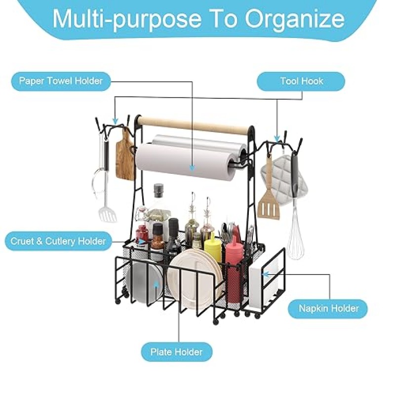 EAROND 은식기 캐디, 종이 타월 홀더 및 접시 홀더가 있는 그릴 기구 캐디, 주방, 파티오, 바베큐, 캠핑, RV, 뒷문 파티용 금속 피크닉 조미료 캐디 - 블랙
