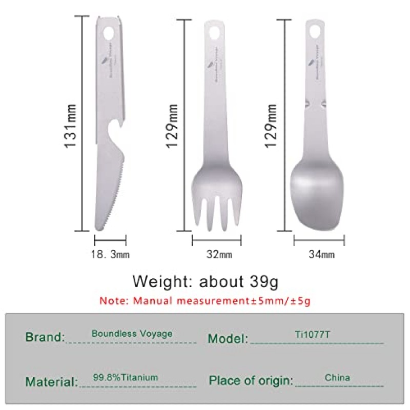 무한한 항해 티타늄 식기 세트 야외 캠핑 나이프 포크 스푼 병따개 콤보 세트 휴대용 칼 세트 유틸리티 재사용 가능한 멀티 툴 기어 여행 배낭 Ti1077T