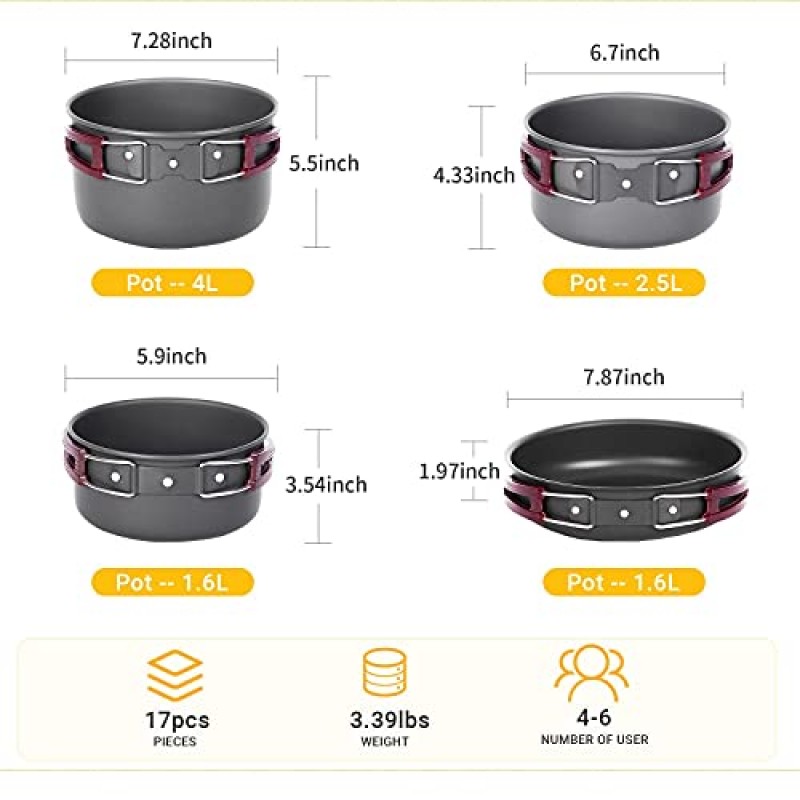 KingCamp 캠핑 조리기구 엉망 키트 17/25 개 개방형 조리기구 배낭 여행 요리 엉망 키트 요리 장비 캠핑 하이킹 피크닉을위한 경량 냄비와 팬 세트