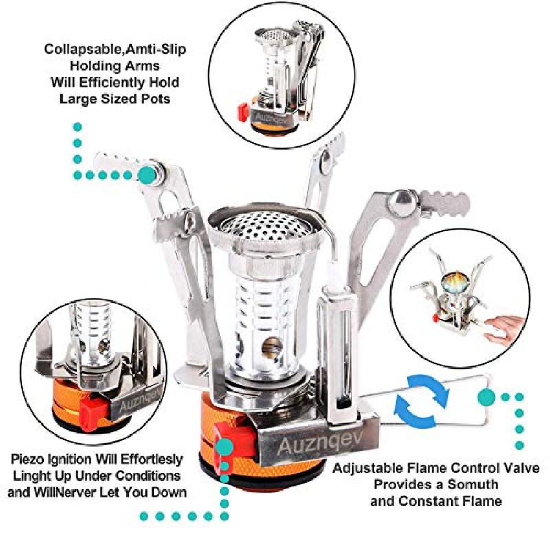 AUZNQEV 초경량 휴대용 캠핑 스토브 피에조 점화 조절 밸브가있는 배낭 여행용 스토브 배낭 여행용 스테인레스 스틸 소재