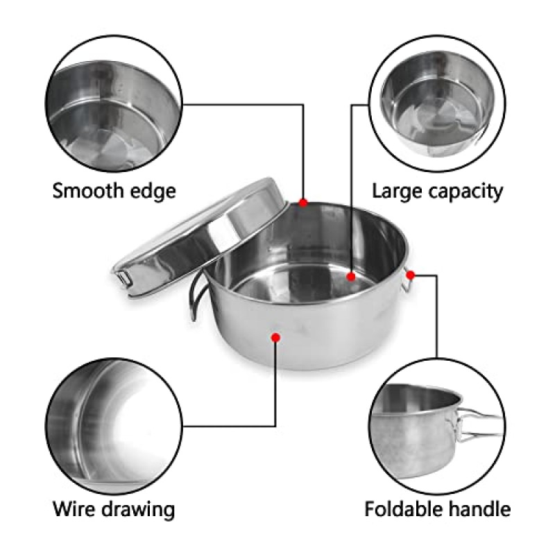 Roucerlin 10Pcs 스테인레스 스틸 캠핑 조리기구 엉망 키트, 접이식 손잡이가있는 캠핑 쿡 냄비, 배낭 메스 키트, 컵, 냄비, 접시, 숟가락, 팬이있는 하이킹 캠핑 요리 세트