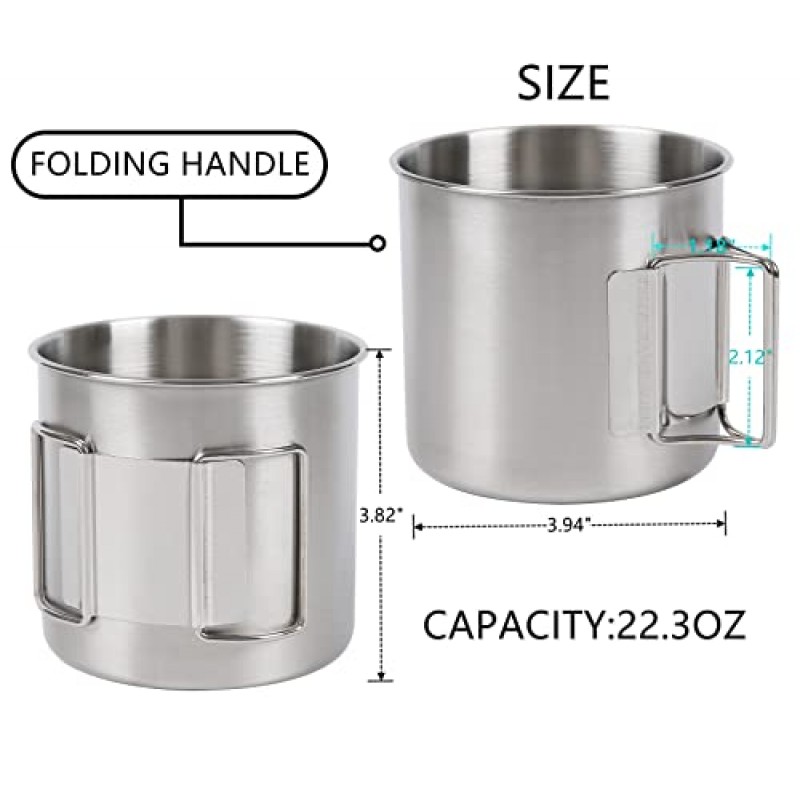 Falafale 스테인레스 스틸 캠핑 머그 야외 마시는 컵 접이식 손잡이가 있는 피크닉 머그잔 피크닉, 하이킹, 배낭 여행 및 야외 활동, 4 팩 22.3oz/ 660ml