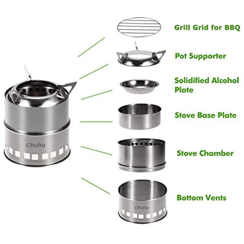 Ohuhu 장작 굽기 캠프 스토브 + 10접시 캠핑 피크닉, 배낭여행, 요리용 캠프 스토브 앞유리