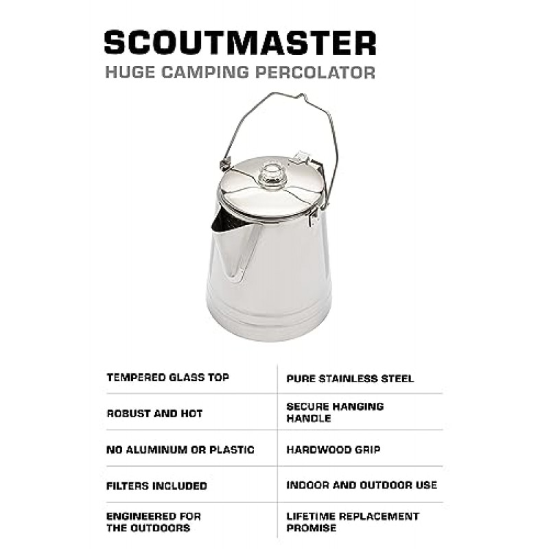 COLETTI Scoutmaster 캠핑 커피 포트 - 캠프파이어 커피 포트 - 그룹용 대형 스테인레스 스틸 캠프 커피 메이커 - 24컵