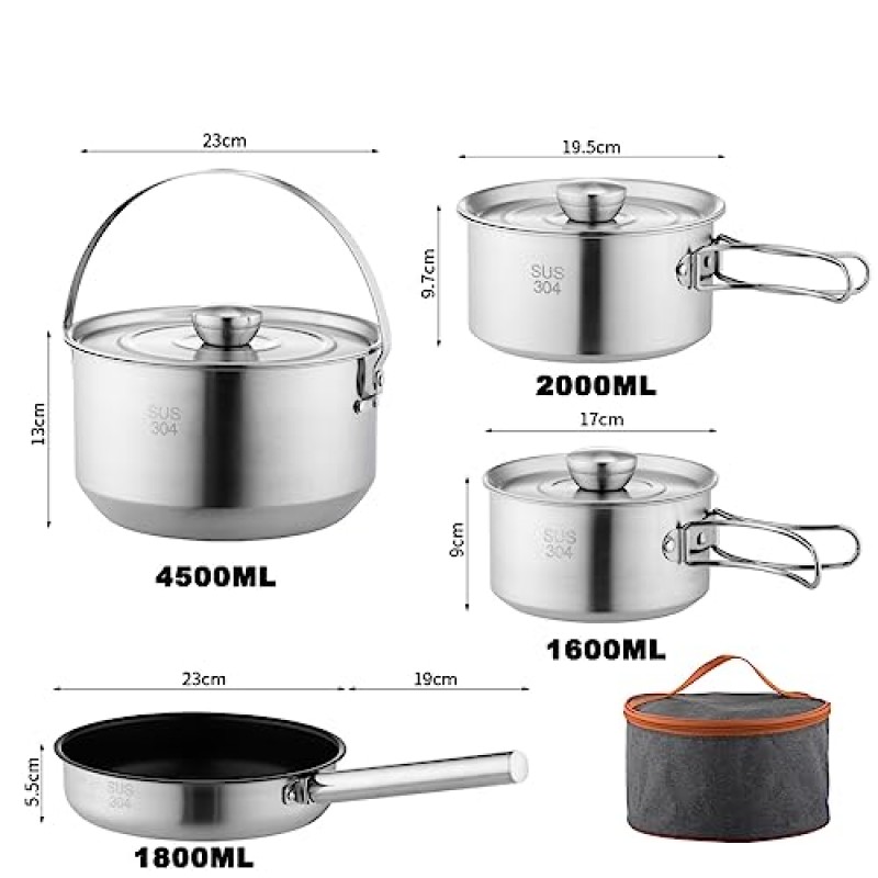 4Pcs 캠핑 요리 세트, 캠핑 조리기구 Mess Kit, 캠핑 야외 요리 및 피크닉을위한 여행용 토트 백이있는 304 스테인레스 스틸 캠핑 조리기구