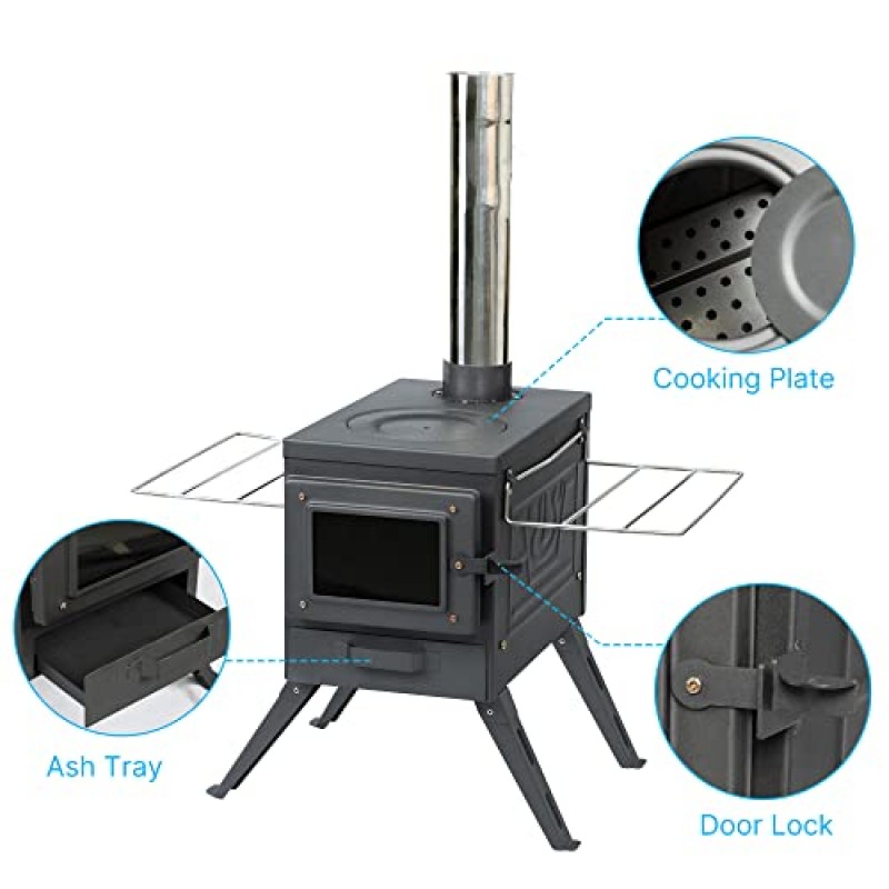 대형 화실이 있는 Fltom 텐트 스토브, 전망 유리 및 굴뚝 파이프가 포함된 야외 캠프 스토브, 캠핑 및 실내 사용을 위한 휴대용 히터