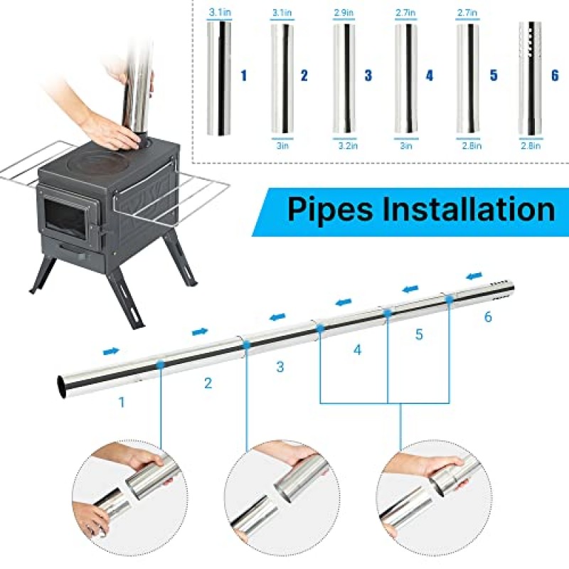 대형 화실이 있는 Fltom 텐트 스토브, 전망 유리 및 굴뚝 파이프가 포함된 야외 캠프 스토브, 캠핑 및 실내 사용을 위한 휴대용 히터