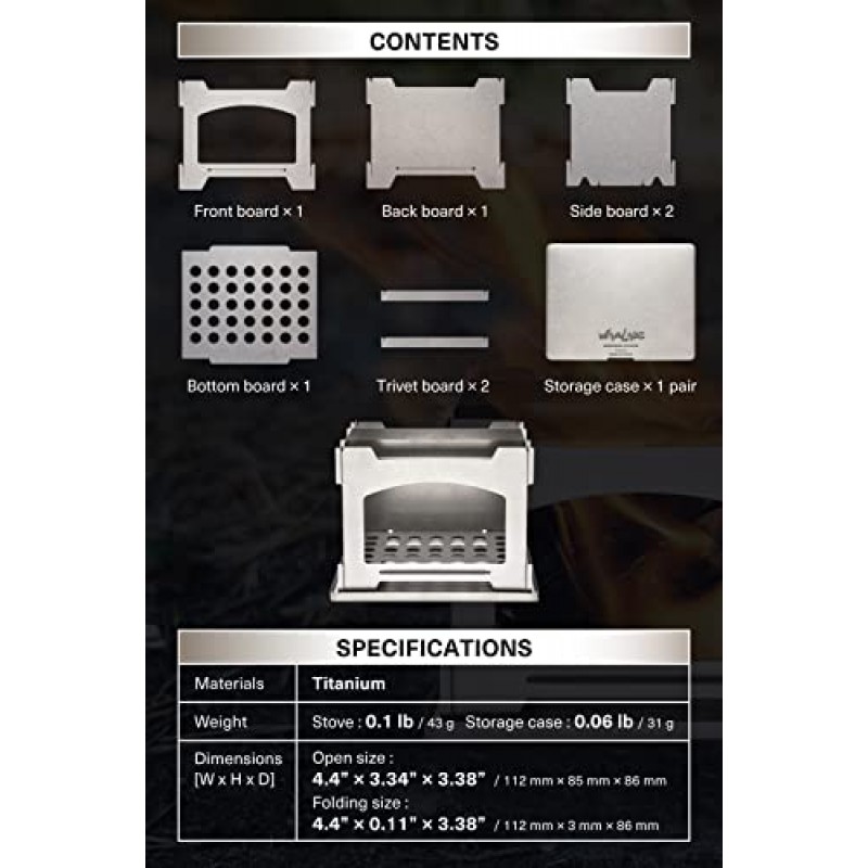 Wablade 야외 캠핑 스토브 - 휴대용 초경량 컴팩트 하이킹 서바이벌 배낭 일본 티타늄 목재 스토브 0.16lb Made in Japan