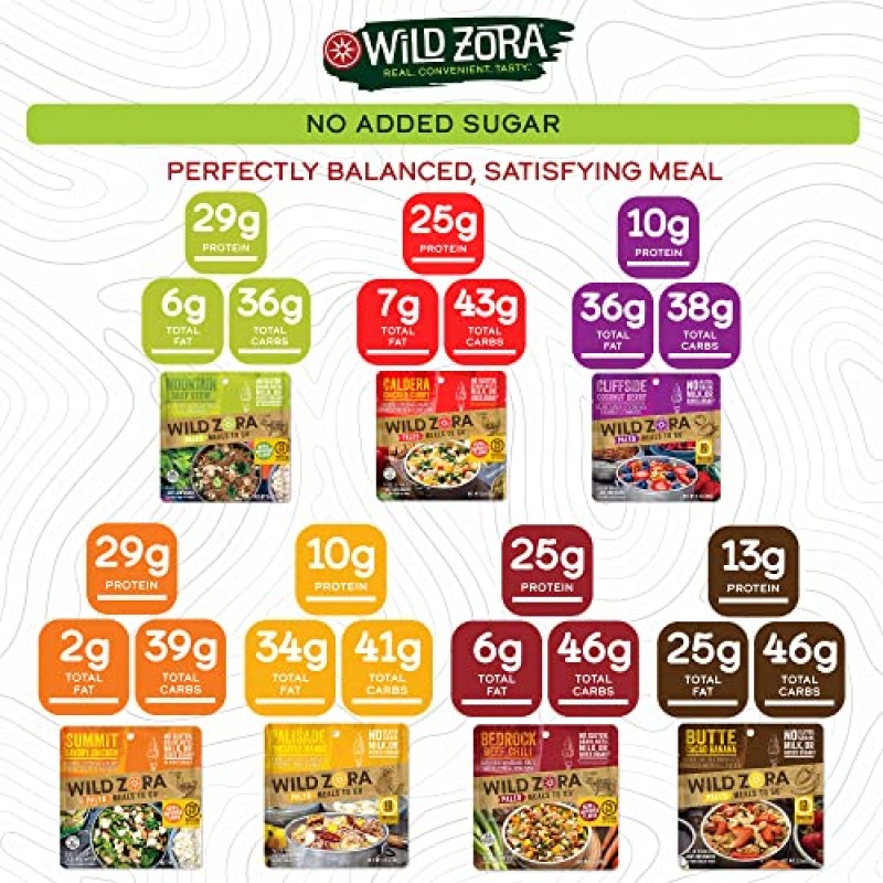 배낭여행 및 캠핑을 위한 Wild Zora Paleo 동결 건조 식사 - 건강한 글루텐 프리 및 곡물 프리 캠핑 식사/배낭 여행 음식 + 설탕 첨가 없음 - 아침 및 저녁 식사 옵션 포함(다양한 7팩)