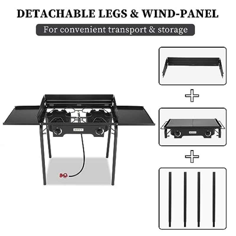 ROVSUN 2 측면 선반이 있는 버너 가스 스토브, 150,000 BTU 탈착식 다리가 있는 휴대용 프로판 스토브, 캠핑용 바람 패널 및 조절기 홈 뒷마당 요리 양조 통조림 칠면조 튀김