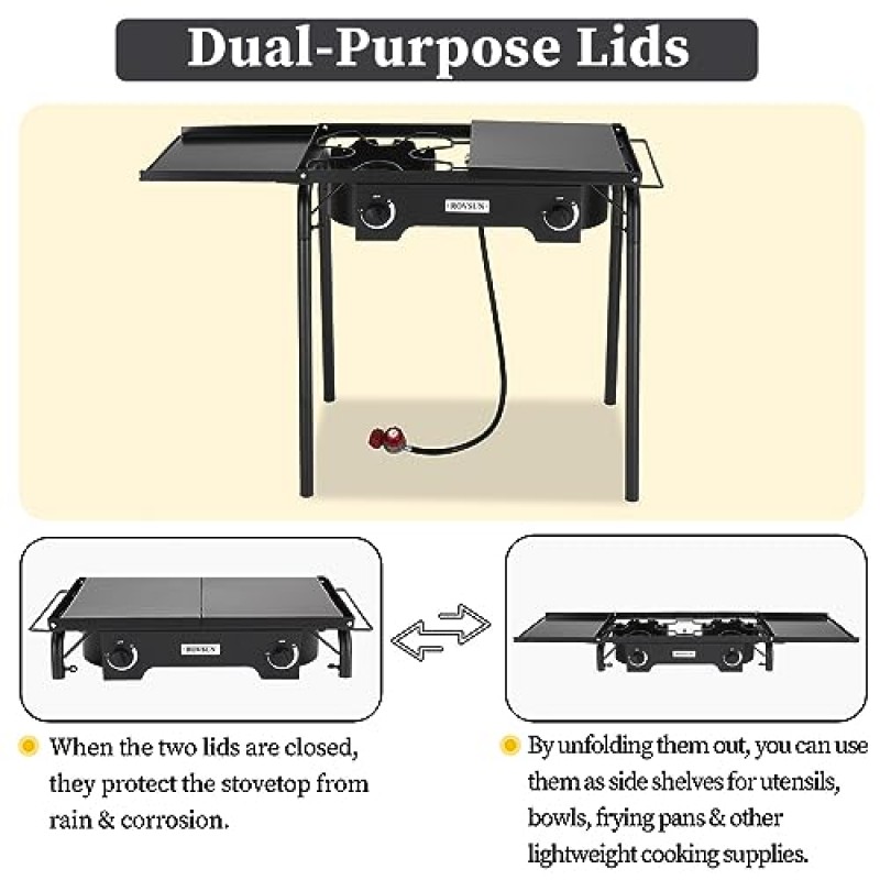 ROVSUN 2 측면 선반이 있는 버너 가스 스토브, 150,000 BTU 탈착식 다리가 있는 휴대용 프로판 스토브, 캠핑용 바람 패널 및 조절기 홈 뒷마당 요리 양조 통조림 칠면조 튀김