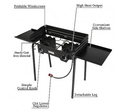 ROVSUN 2 측면 선반이 있는 버너 가스 스토브, 150,000 BTU 탈착식 다리가 있는 휴대용 프로판 스토브, 캠핑용 바람 패널 및 조절기 홈 뒷마당 요리 양조 통조림 칠면조 튀김