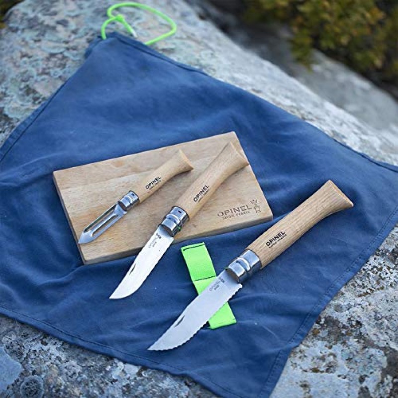 Opinel Nomad 캠핑 주방 기구 키트, No.12 톱니 모양 칼, No. 10 코르크나사 칼, No. 6 필러, 도마 포함