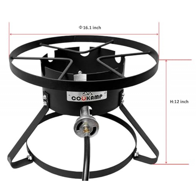 COOKAMP 고압 1구 야외용 프로판 가스 쿠커, 0-20 PSI 조정 가능 조절기 및 호스 SA1600 포함