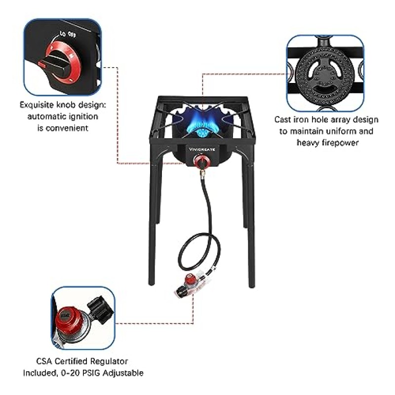 Vivicreate 30000 BTU 독립형 야외 스토브, 사이드 버너, 캠핑 스토브, 0-20 PSIG 고압 스토브에는 CSA 등록 조절기 및 가스 파이프가 포함됩니다.