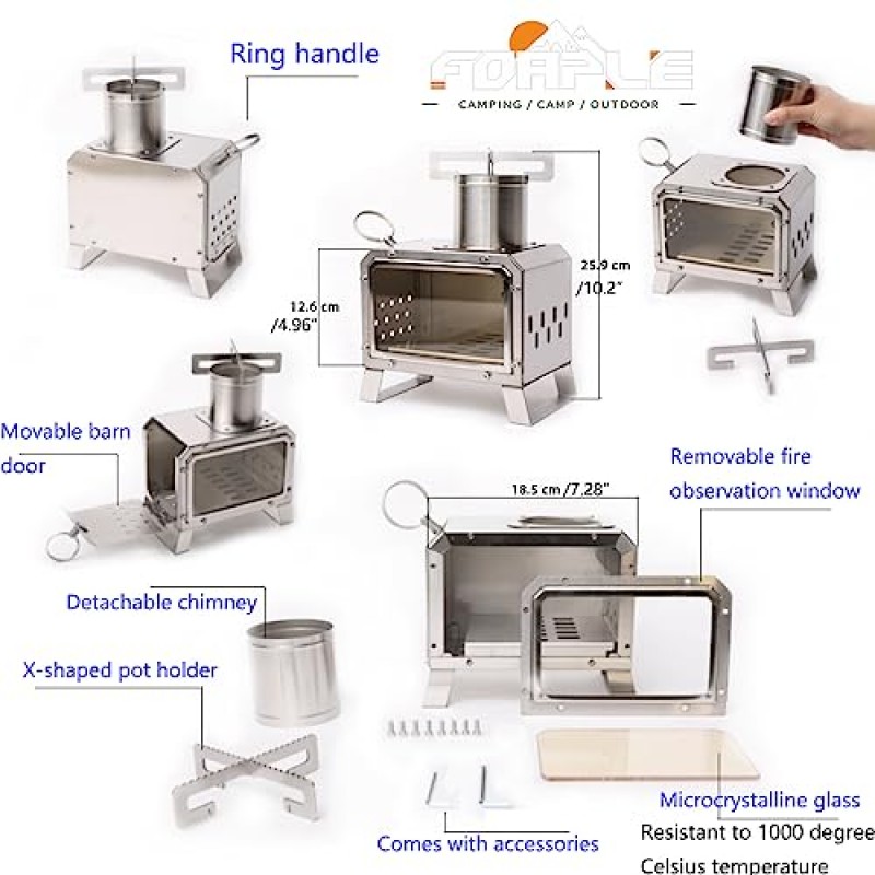 FOAPLE 장작 굽기 캠핑 스토브, 배낭 여행용 휴대용 캠핑 스토브 휴대용 가방, 단열 패드, 장갑, 야외 요리 하이킹 바베큐를 위한 캠핑 장작 스토브 휴대용 가방 포함 스테인레스 스틸 화재 난로