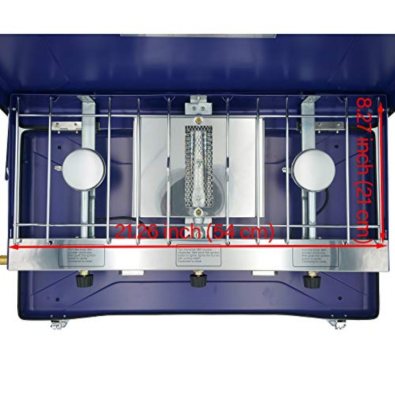 버너 2개 및 토스트(그릴) 1개 캠핑 및 야외 요리용 조절기가 포함된 휴대용 프로판 가스 요리 스토브…