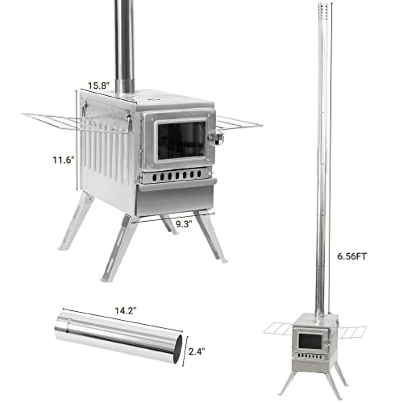 오븐이 있는 캠프 텐트 스토브, 대형 화실이 있는 텐트용 고효율 캠핑 스토브, 전망 유리, 파이프 및 슬라이드 공기 흡입 밸브가 포함된 핫 텐트 스토브