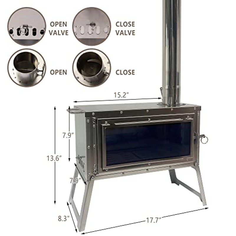 LEISU 텐트 스토브 겨울 캠핑, 사냥, 요리, 하이킹, 낚시, 배낭 여행(스테인레스 스틸)을 위한 굴뚝 파이프가 있는 휴대용 야외 장작 난로