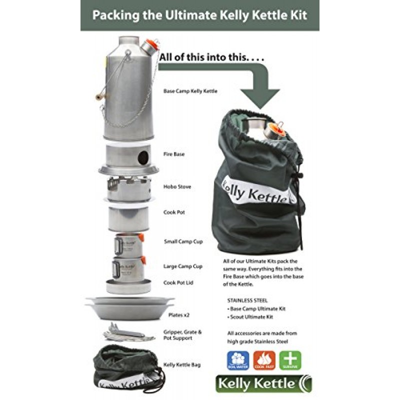 Kelly Kettle Ultimate Scout 키트 41온스 스테인레스 스틸 캠프 주전자, 휘파람이 있는 경량 캠핑 주전자, 낚시, 사냥, 하이킹, 생존 장비용 캠프 스토브