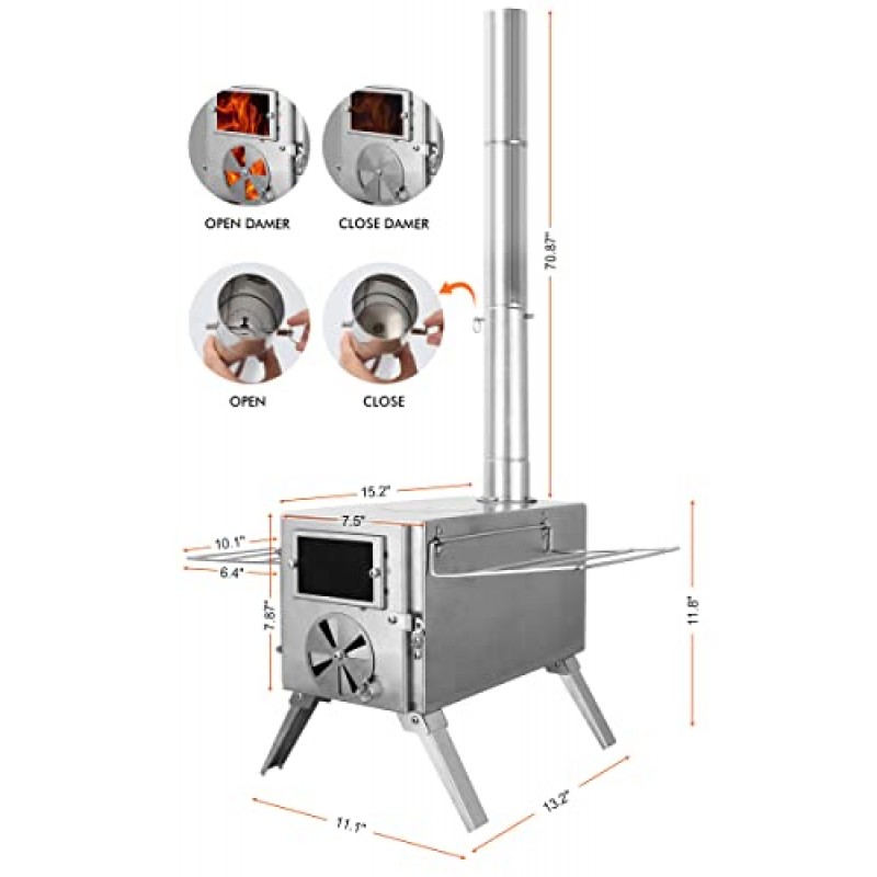 뜨거운 텐트용 캠핑 스토브, 텐트용 스테인레스 벽 굴뚝 파이프가 있는 LAMA 304 스테인레스 스틸 목재 굽기 스토브, 대피소, 캠핑 난방 및 요리용 야외 휴대용 스토브