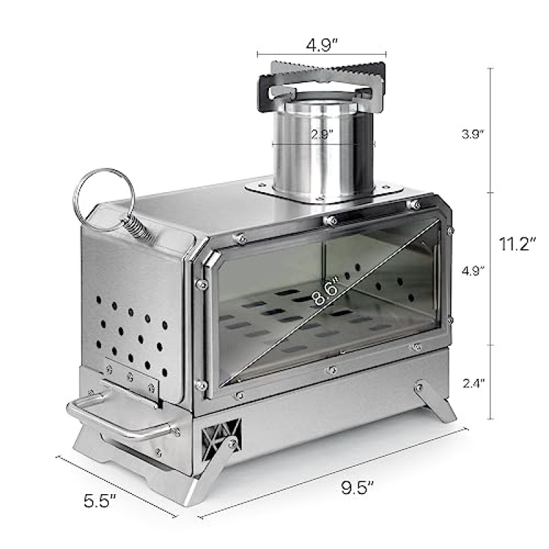 GoHawk 휴대용 목재 굽기 캠프 스토브 방화 유리 창이있는 미니 히터 버너 캠핑 텐트 낚시 하이킹 피크닉 바베큐 용 304 스테인레스 스틸 요리 오븐 그릴 난방 트레이