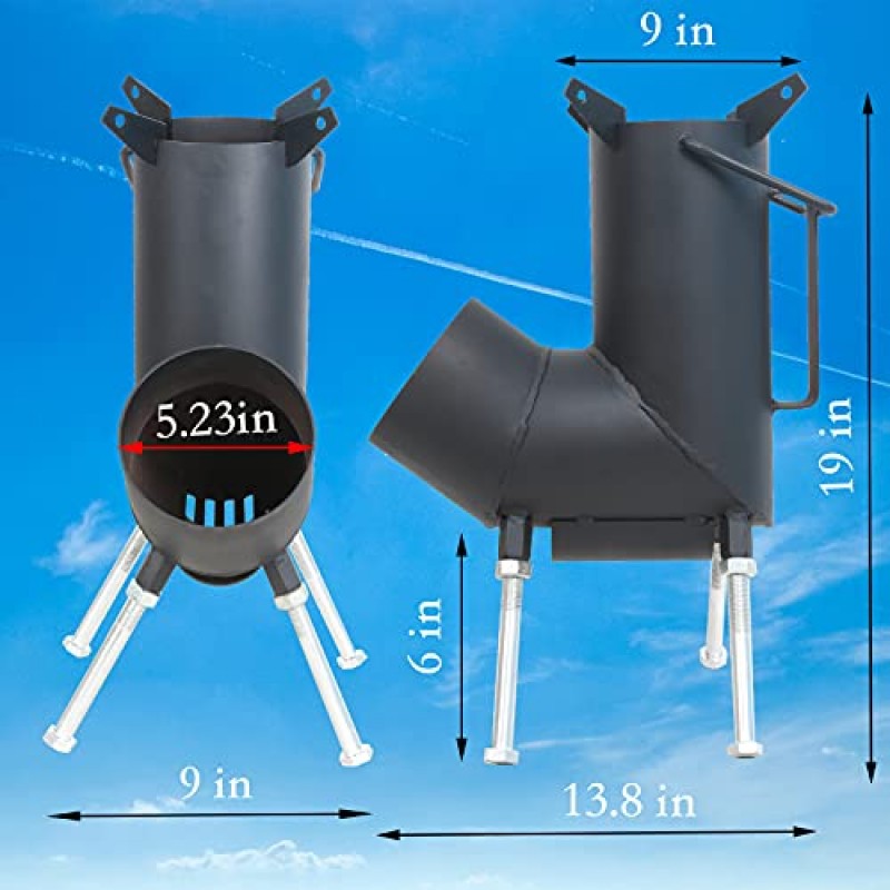 파이어 포커와 집게가 있는 캠핑 로켓 스토브. 손잡이가 있는 휴대용 장작 난로입니다. 캠핑 생존 장비 자체 공급 킹 사이즈 장작 난로. 야외 요리에 가장 적합