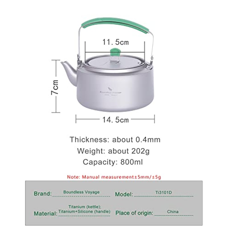 iBasingo & Boundless Voyage 접이식 핸들 필터가있는 800ML 티타늄 주전자 야외 캠핑 Backapcking US-Ti3101D 용 단층 주전자 대용량 Drinkware