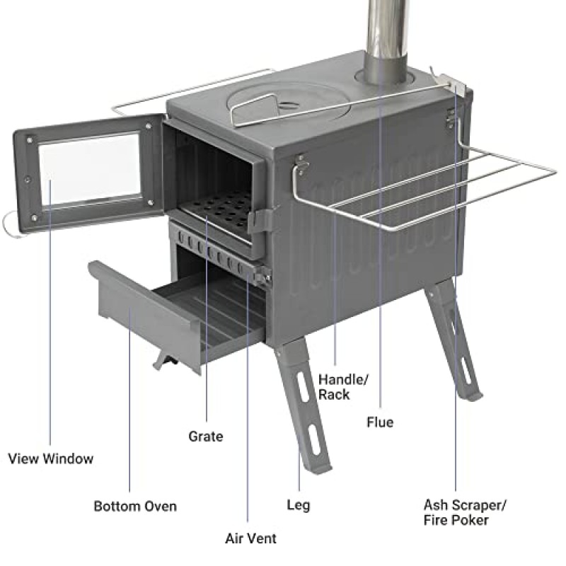 오븐이 있는 캠프 텐트 스토브, 대형 화실이 있는 텐트용 고효율 캠핑 스토브, 전망 유리, 파이프 및 슬라이드 공기 흡입 밸브가 포함된 핫 텐트 스토브