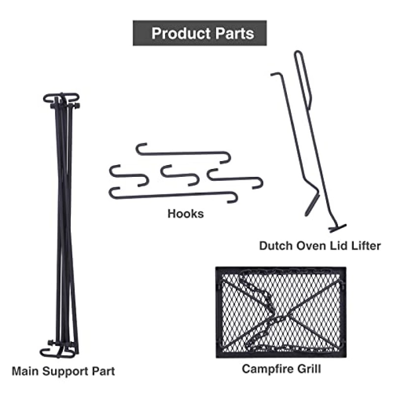 Lineslife 그릴 스윙 행잉 캠프파이어 요리 스탠드, 조절 가능한 철제 그릴 창살, 접이식 캠프파이어 요리 랙, 후크 및 바베큐 피크닉용 액세서리, 야외 캠핑 조리기구, 네덜란드 오븐