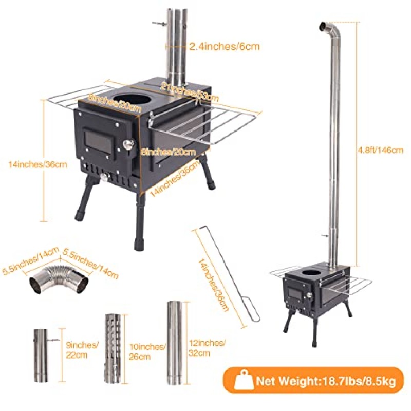 Lineslife 핫 텐트 스토브 목재 굽기, 텐트 쉼터 야외 요리 난방 장치용 방풍 굴뚝이 있는 휴대용 캠핑 목재 스토브, 블랙